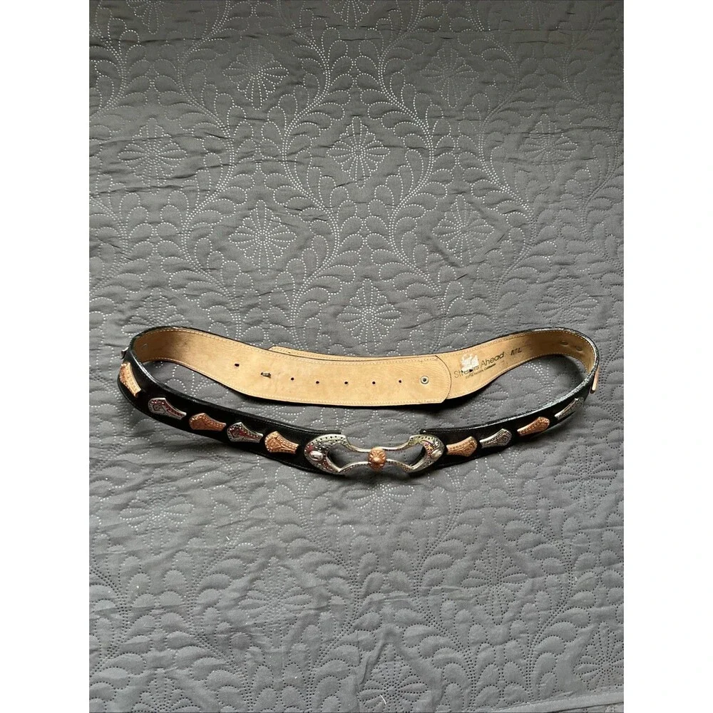 Streets Ahead VTG Silver & Rose Gold Medallion Black Leather Belt SZM/L RARE 42